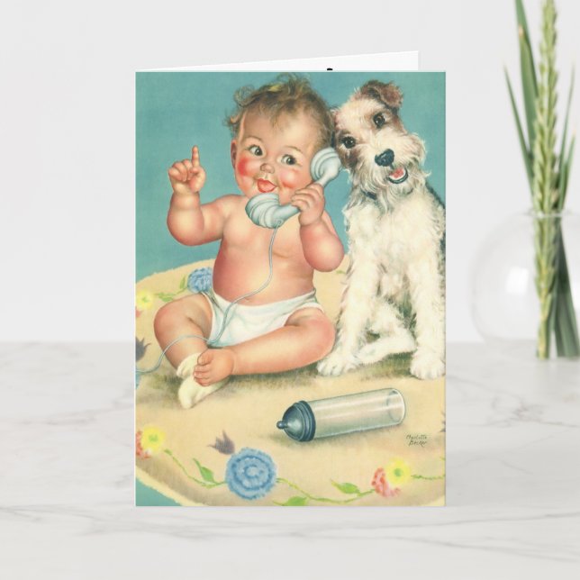Vintage Cute Baby Talking on Phone Puppy Dog Invitation (Front)