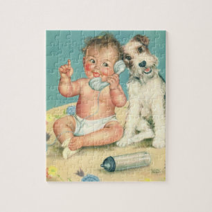 Vintage Cute Baby Talking on Phone Puppy Dog Jigsaw Puzzle