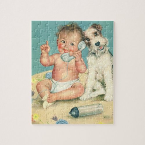 Vintage Cute Baby Talking on Phone Puppy Dog Jigsaw Puzzle