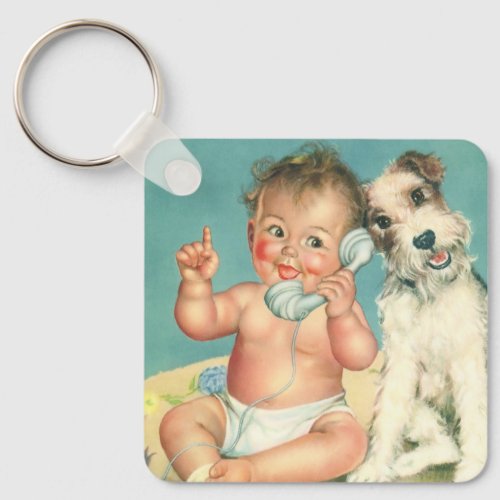 Vintage Cute Baby Talking on Phone Puppy Dog Keychain