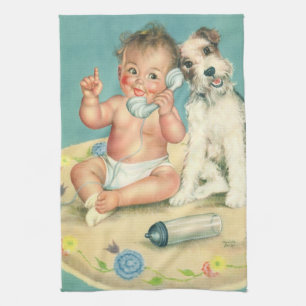 Vintage Cute Baby Talking on Phone Puppy Dog Kitchen Towel