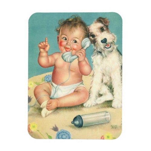 Vintage Cute Baby Talking on Phone Puppy Dog Magnet