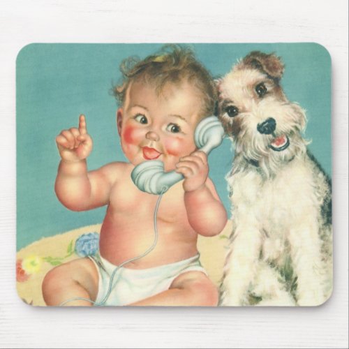 Vintage Cute Baby Talking on Phone Puppy Dog Mouse Pad