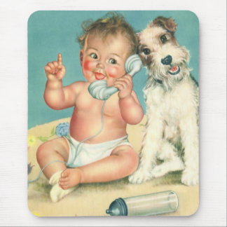Vintage Cute Baby Talking on Phone Puppy Dog Mouse Pad