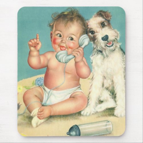 Vintage Cute Baby Talking on Phone Puppy Dog Mouse Pad