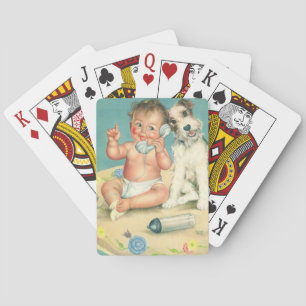 Vintage Cute Baby Talking on Phone Puppy Dog Poker Cards
