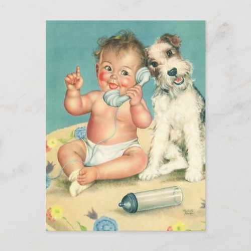 Vintage Cute Baby Talking on Phone Puppy Dog Postcard