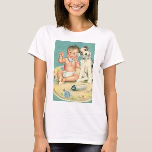 Vintage Cute Baby Talking on Phone Puppy Dog T_Shirt