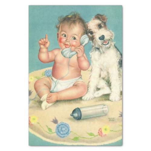 Vintage Cute Baby Talking on Phone Puppy Dog Tissue Paper