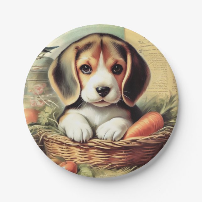 Vintage Cute Beagle Puppy Paper Plates (Front)