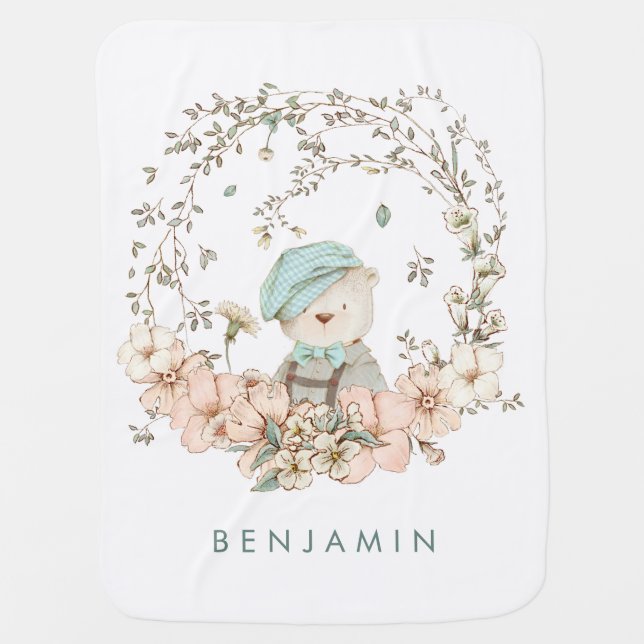 Vintage Cute Bear Botanical Baby Boy Baby Blanket (Front)