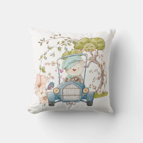 Vintage Cute Bear Car Name Baby Boy Turquoise Throw Pillow