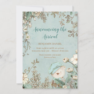 Vintage Cute Bear Floral Baby Announcement
