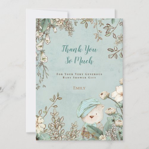 Vintage Cute Bear Floral Baby Shower Thank You Card