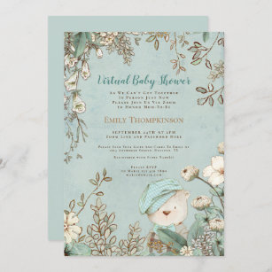 Vintage Cute Bear Floral Leaf Virtual Baby Shower Invitation