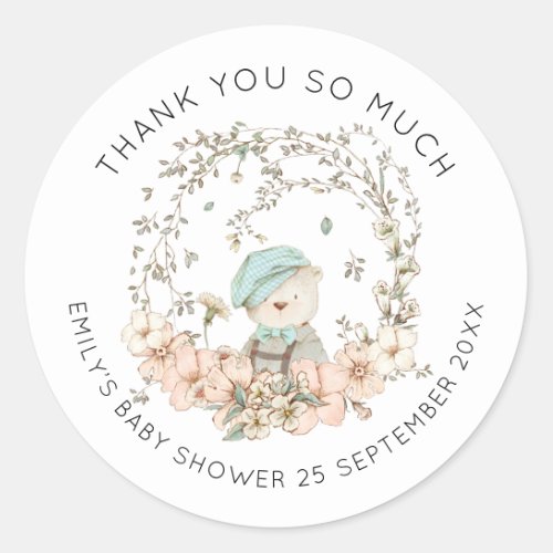Vintage Cute Bear Floral Thank You Boy Baby Shower Classic Round Sticker