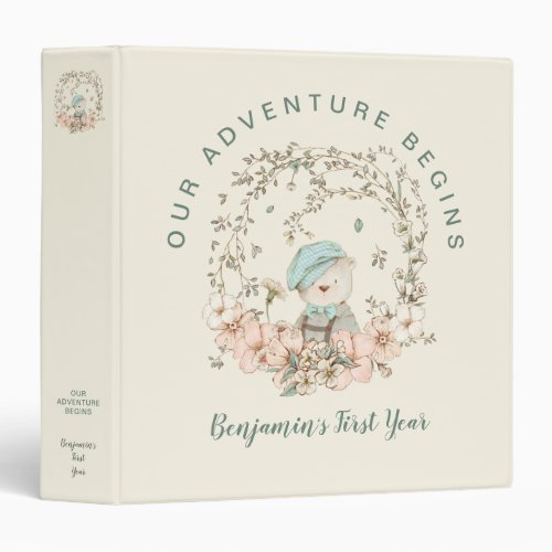 Vintage Cute Bear Florals 1st Year Cream Baby Book 3 Ring Binder