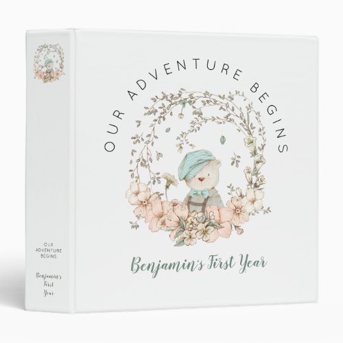 Vintage Cute Bear Florals First Year Boy Baby Book 3 Ring Binder
