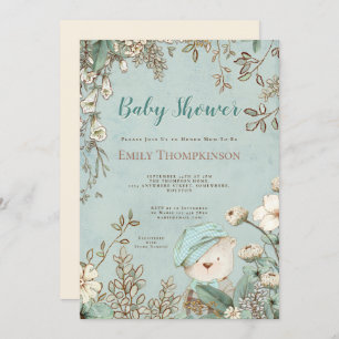 Vintage Cute Bear Florals Leaves Boy Baby Shower Invitation