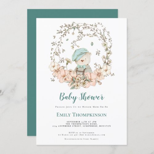 Vintage Cute Bear Foliage Turquoise Baby Shower Invitation