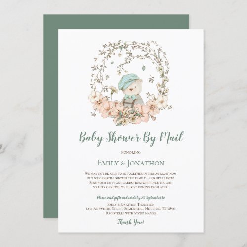 Vintage Cute Bear Leaves Baby Boy Shower by Mail Invitation