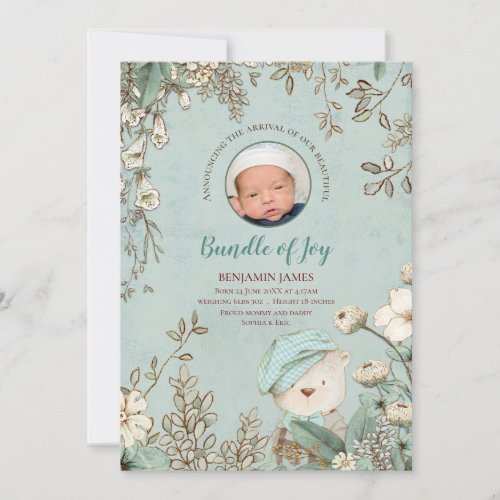 Vintage Cute Bear Photo Botanical Birth Announcement