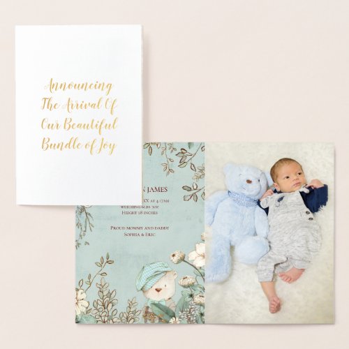 Vintage Cute Bear Photo Script Birth Announcement