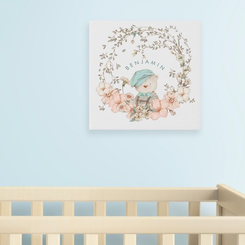 Vintage Cute Bear Whimsical leaf Name Nursery Faux Canvas Print