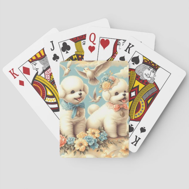 Vintage Cute Bichon Frisé Illustration Poker Cards (Back)