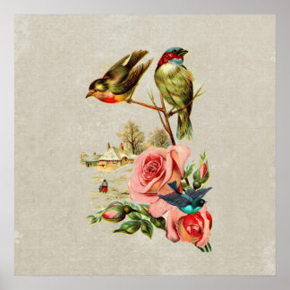 Vintage Cute Birds & Roses Landscape Painting Poster