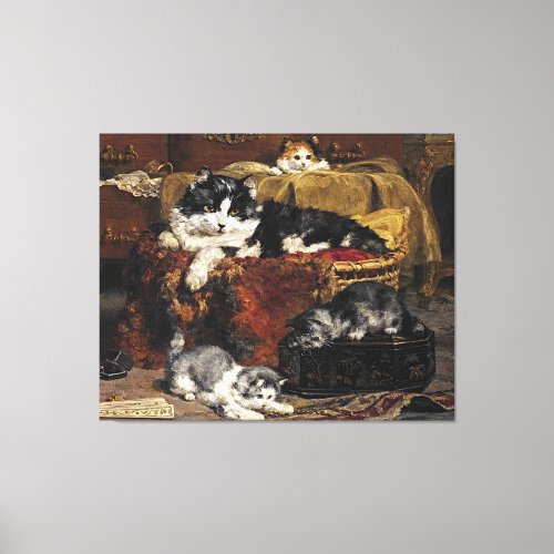 Vintage Cute Black And White Cat With Kittens Canvas Print