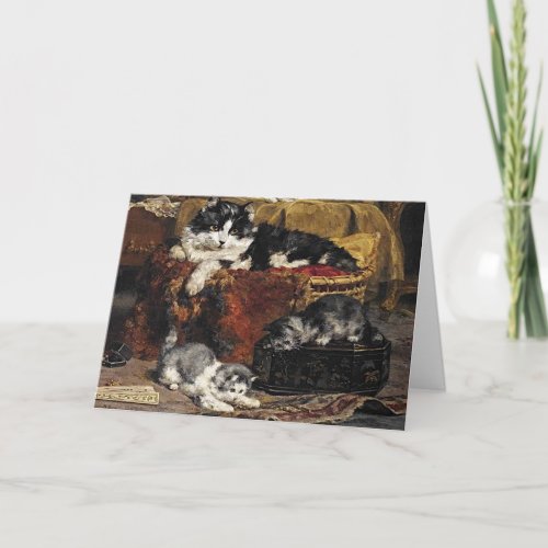 Vintage Cute Black And White Cat With Kittens Card