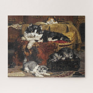 Vintage Cute Black And White Cat With Kittens Jigs Jigsaw Puzzle