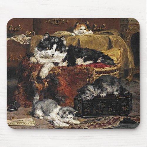 Vintage Cute Black And White Cat With Kittens Mouse Pad