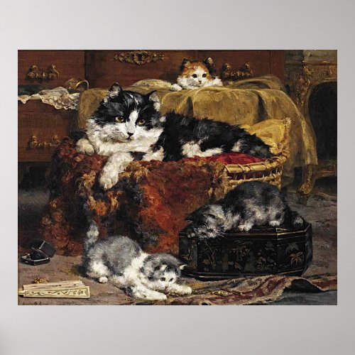 Vintage Cute Black And White Cat With Kittens Poster
