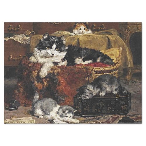 Vintage Cute Black And White Cat With Kittens Tissue Paper