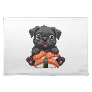 Vintage Cute Black Pug Sushi Cartoon Vector Illust Cloth Placemat
