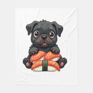 Vintage Cute Black Pug Sushi Cartoon Vector Illust Fleece Blanket