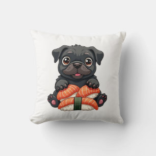 Vintage Cute Black Pug Sushi Cartoon Vector Illust Throw Pillow