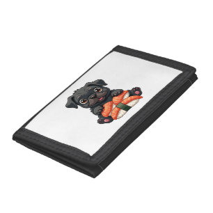 Vintage Cute Black Pug Sushi Cartoon Vector Illust Tri-fold Wallet