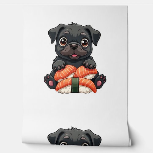 Vintage Cute Black Pug Sushi Cartoon Vector Illust Wallpaper