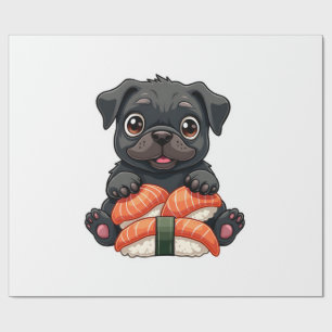 Vintage Cute Black Pug Sushi Cartoon Vector Illust Wrapping Paper