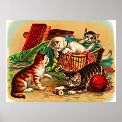 Vintage Cute Black White Orange Kittens 2 Poster