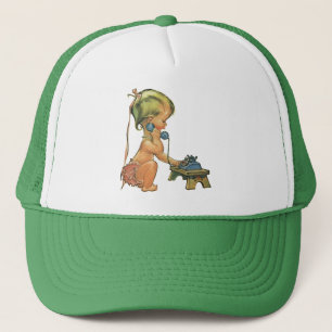 Vintage Cute Blond Girl Talking on Toy Phone Trucker Hat