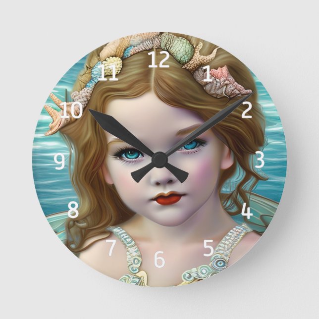 Vintage Cute Blue Ocean Fairy Girl  Round Clock (Front)