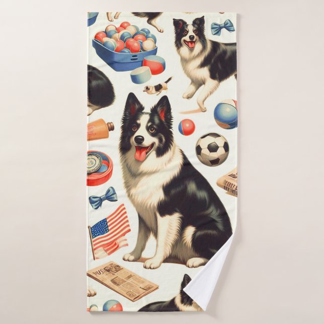 Vintage Cute Border Collie Illustration Bath Towel (Bath Towel)