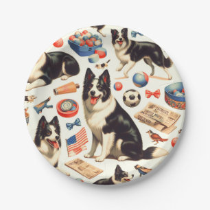 Vintage Cute Border Collie Illustration Paper Plates