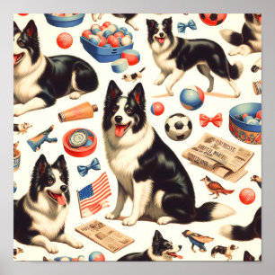 Vintage Cute Border Collie Illustration Poster