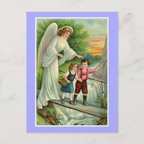 Vintage cute boy and girl with guardian angel postcard