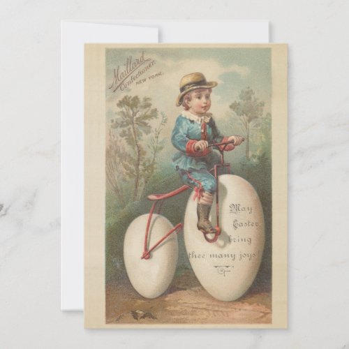 Vintage cute boy egg bicycle easter blessing  holiday card